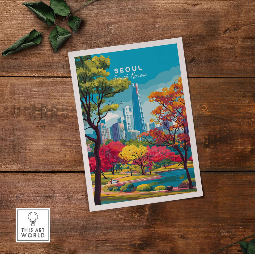 Seoul South Korea Lotte World Tower Park Print showcasing modern skyline and vibrant park scenery.