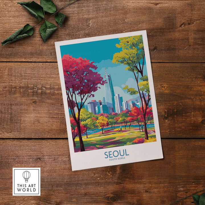 Colorful Seoul wall art print featuring iconic skyline and vibrant trees, perfect for home decor lovers.
