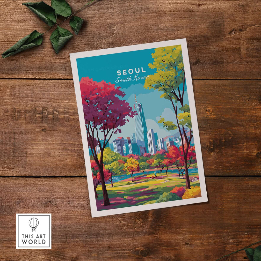 Seoul South Korea poster featuring vibrant cityscape and colorful trees in a park setting.