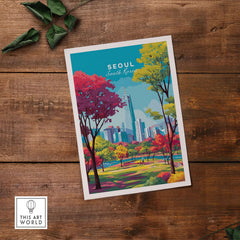 Seoul South Korea Poster - Vibrant Cityscape Print showcasing colorful trees and skyline.