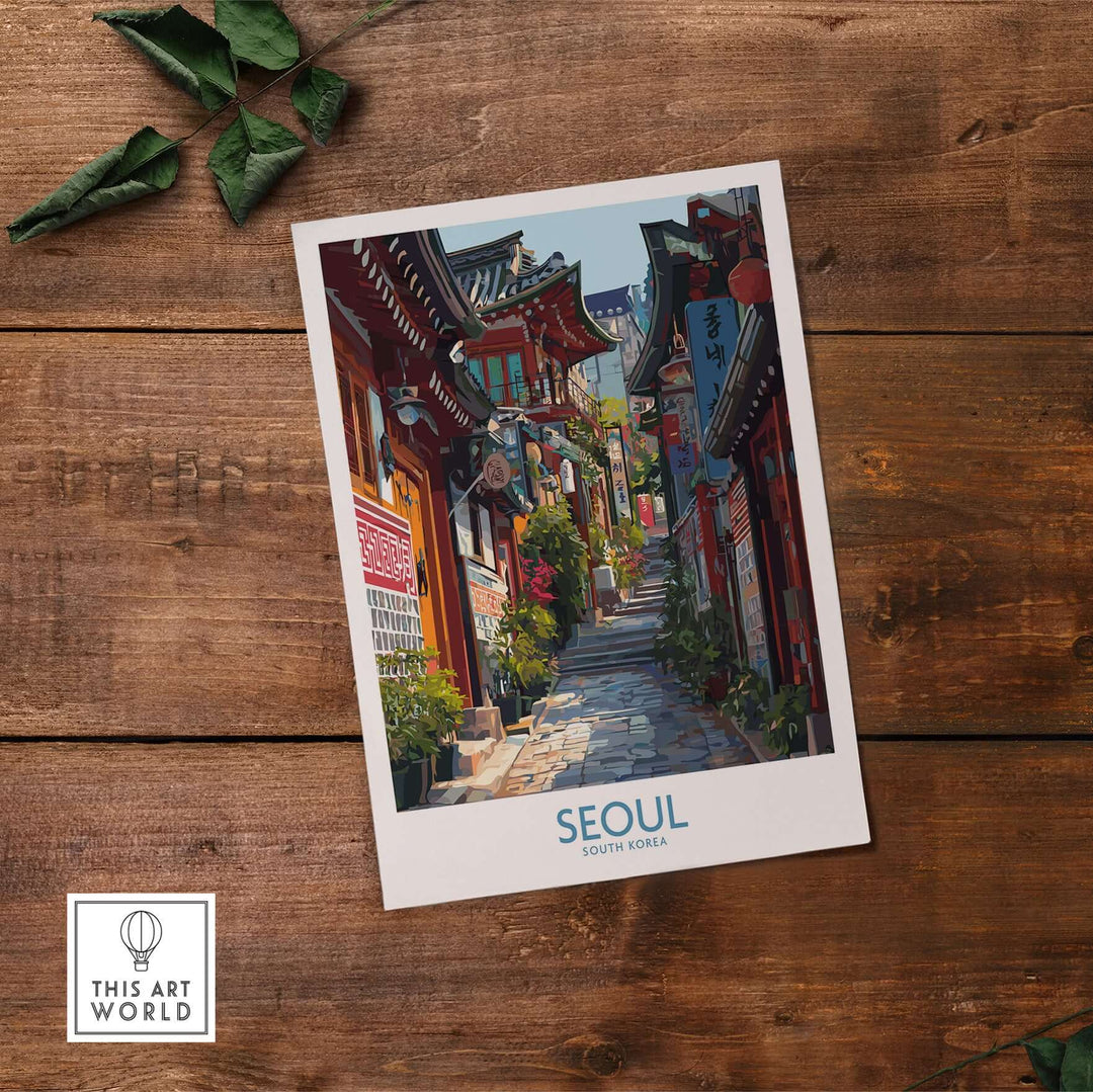 Seoul Bukchon Hanok Village poster with vibrant architecture and urban greenery artwork.
