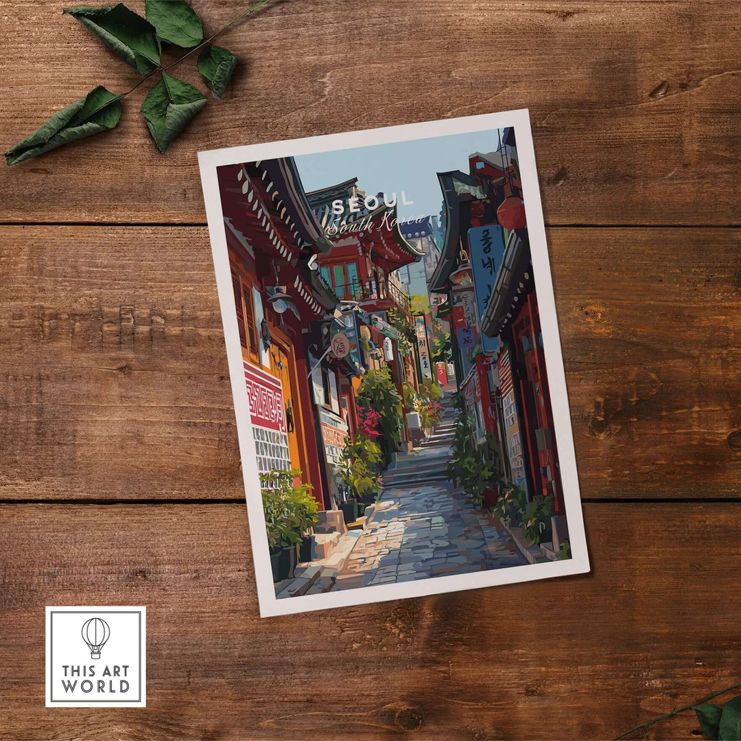Seoul South Korea print showcasing traditional architecture and vibrant street scenes in a historic alley.