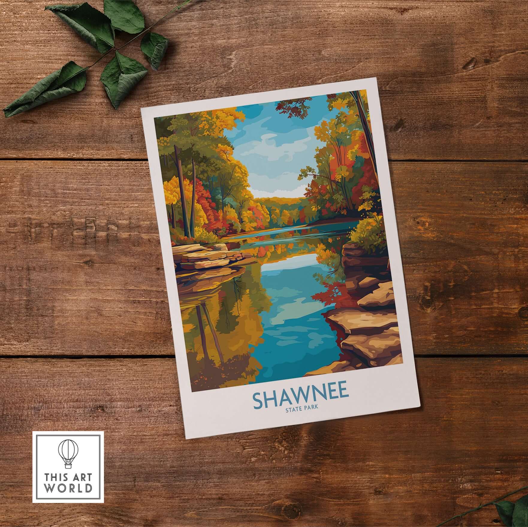 Shawnee State Park Colorful Trees Landscape Poster - Ohio Nature Travel Decor on rustic wood background