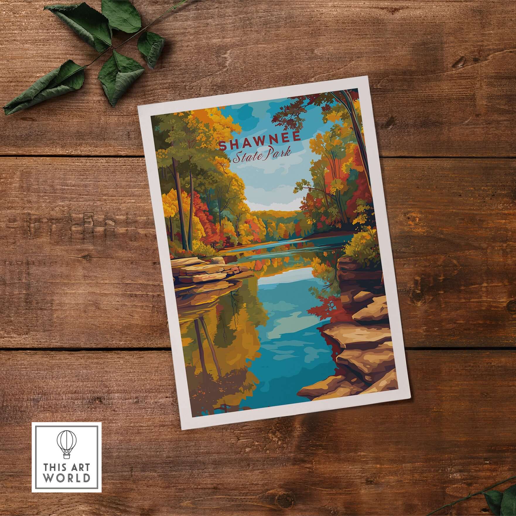 Shawnee State Park Ohio Fall Forest Lake Print - Autumn Reflections Wall Art in vibrant colors on wood background.