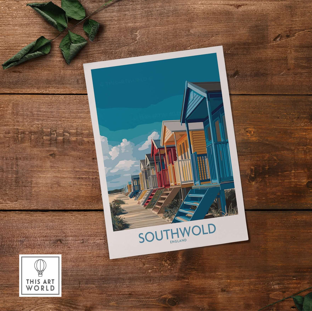 Southwold England seaside poster showcasing colorful beach huts along the shore, perfect for coastal home decor.