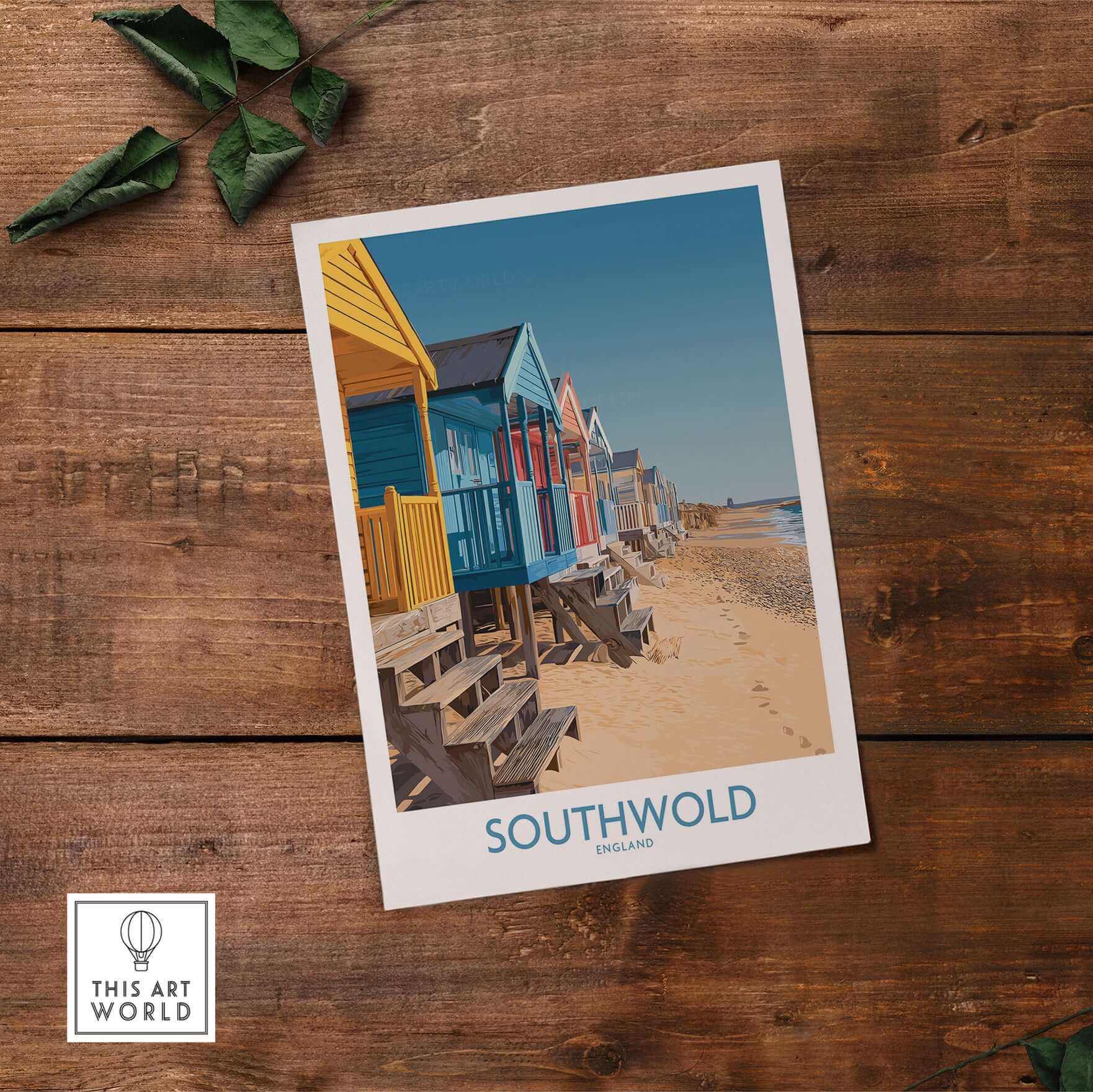 Southwold England Travel Poster featuring colorful beach huts against a coastal backdrop.
