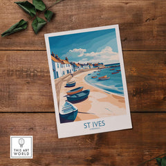 St Ives Cornish Harbor Wall Art - Cornwall Coastal Travel Destination Decor on wooden background.