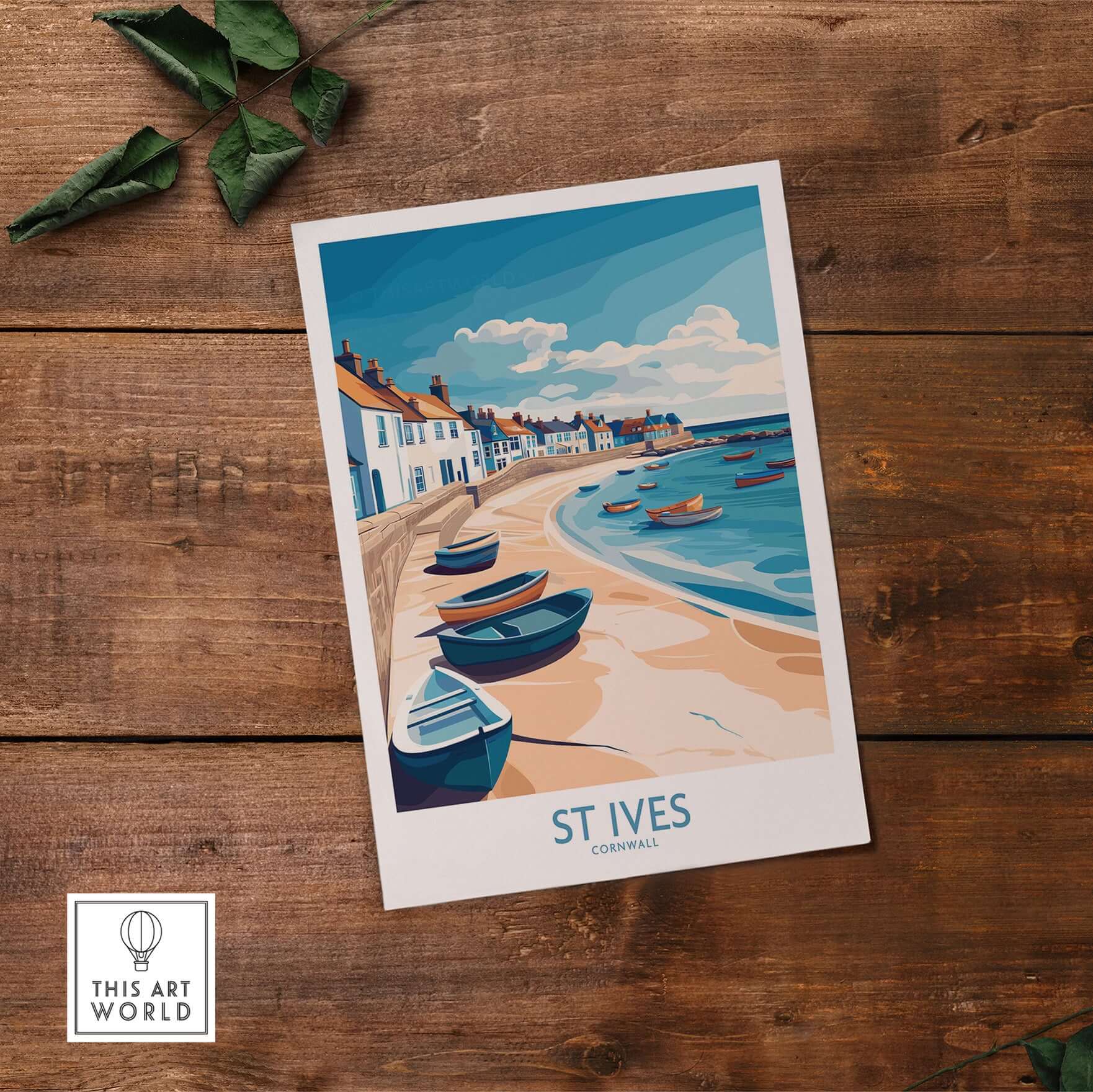 St Ives Cornish Harbor Wall Art - Cornwall Coastal Travel Destination Decor on wooden background.