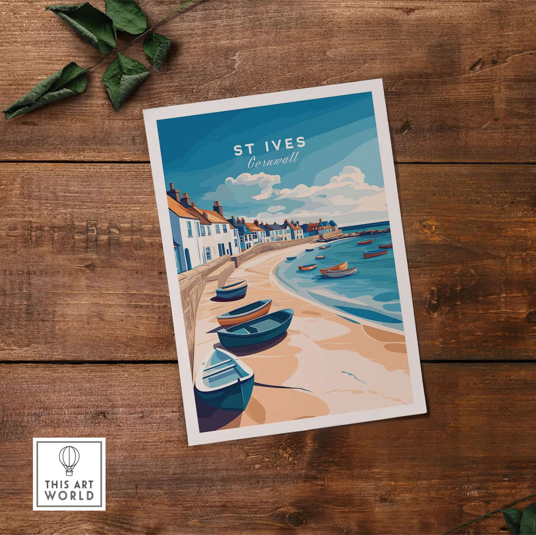 St Ives Beach Boats Seascape Poster featuring calm waters and colorful boats by the Cornwall seaside.