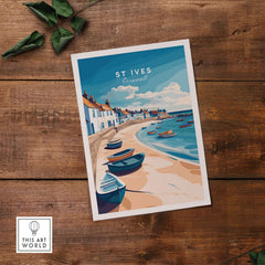 St Ives Beach Boats Seascape Poster - Cornwall Seaside Village Print showcasing boats by the coast.