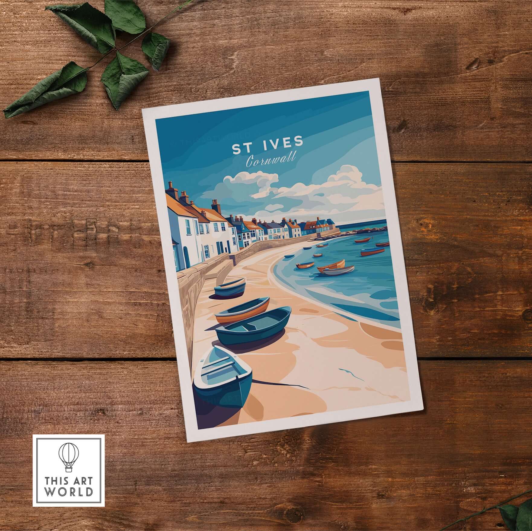 St Ives Beach Boats Seascape Poster - Cornwall Seaside Village Print showcasing boats by the coast.