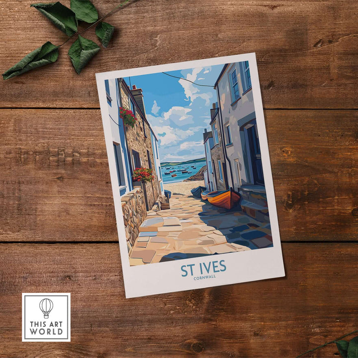 St Ives Cornwall wall art featuring harbor boats and cobbled streets in a coastal village setting.