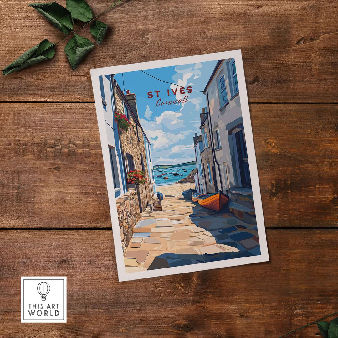 St Ives Cornwall alleyway beach view print showcasing coastal charm and vibrant colors.