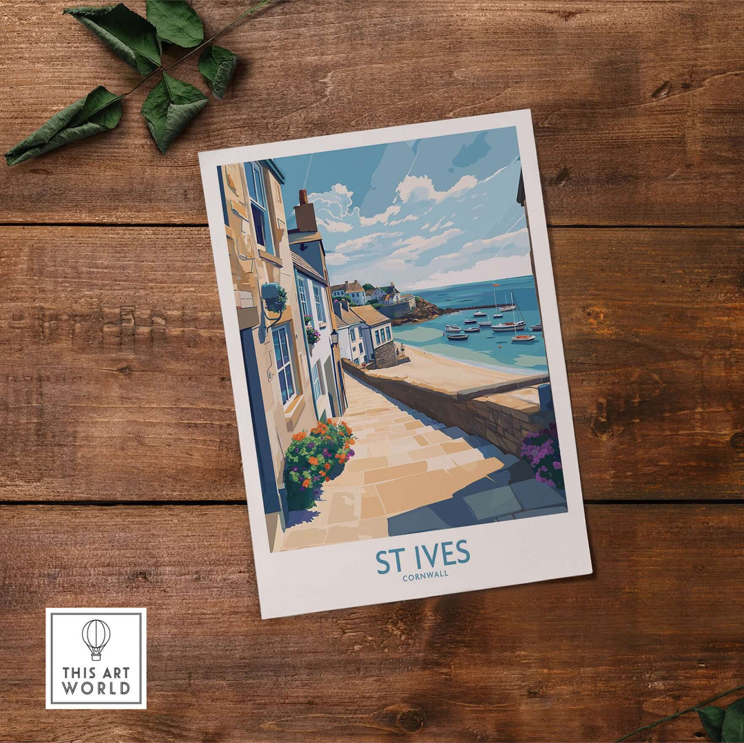 St Ives Cornwall coastal alleyway wall art showcasing vibrant scenery and seaside charm.