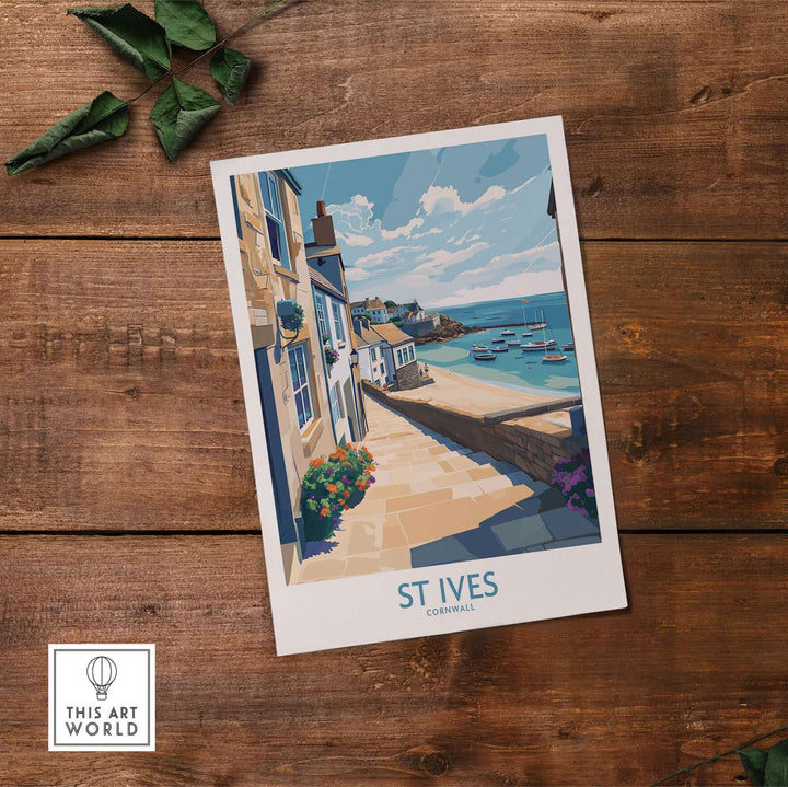 St Ives Cornwall coastal alleyway wall art showcasing vibrant scenery and seaside charm.