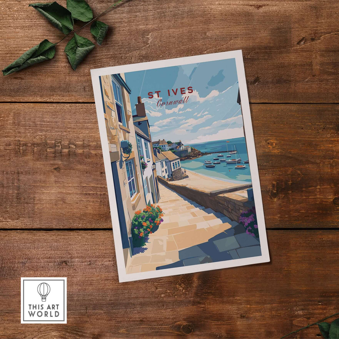 St Ives Cornwall poster featuring stone steps, seaside village, and boats; ideal decor for coastal elegance.
