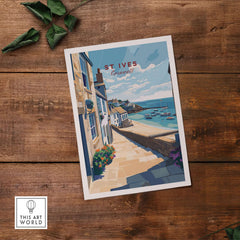 St Ives Cornwall Stone Steps to Beach Poster - Seaside Village Print showcasing picturesque coastal scenery.