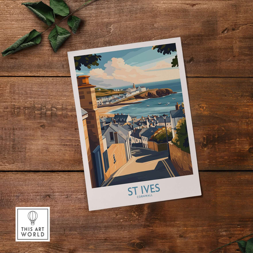 St Ives Cornwall seaside poster showcasing coastal village view and charming cottages, perfect for home decor.
