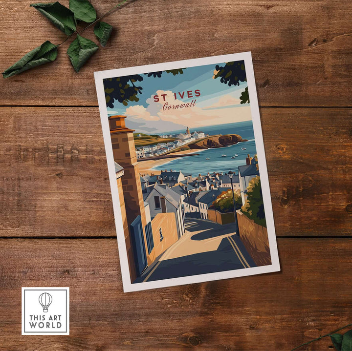 St Ives Across the Rooftops print showcasing a picturesque Cornish village and coastal view.