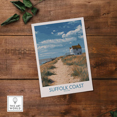 Suffolk Coast England English Shoreline Poster - Rural Landscape Travel Decor on wood backdrop.