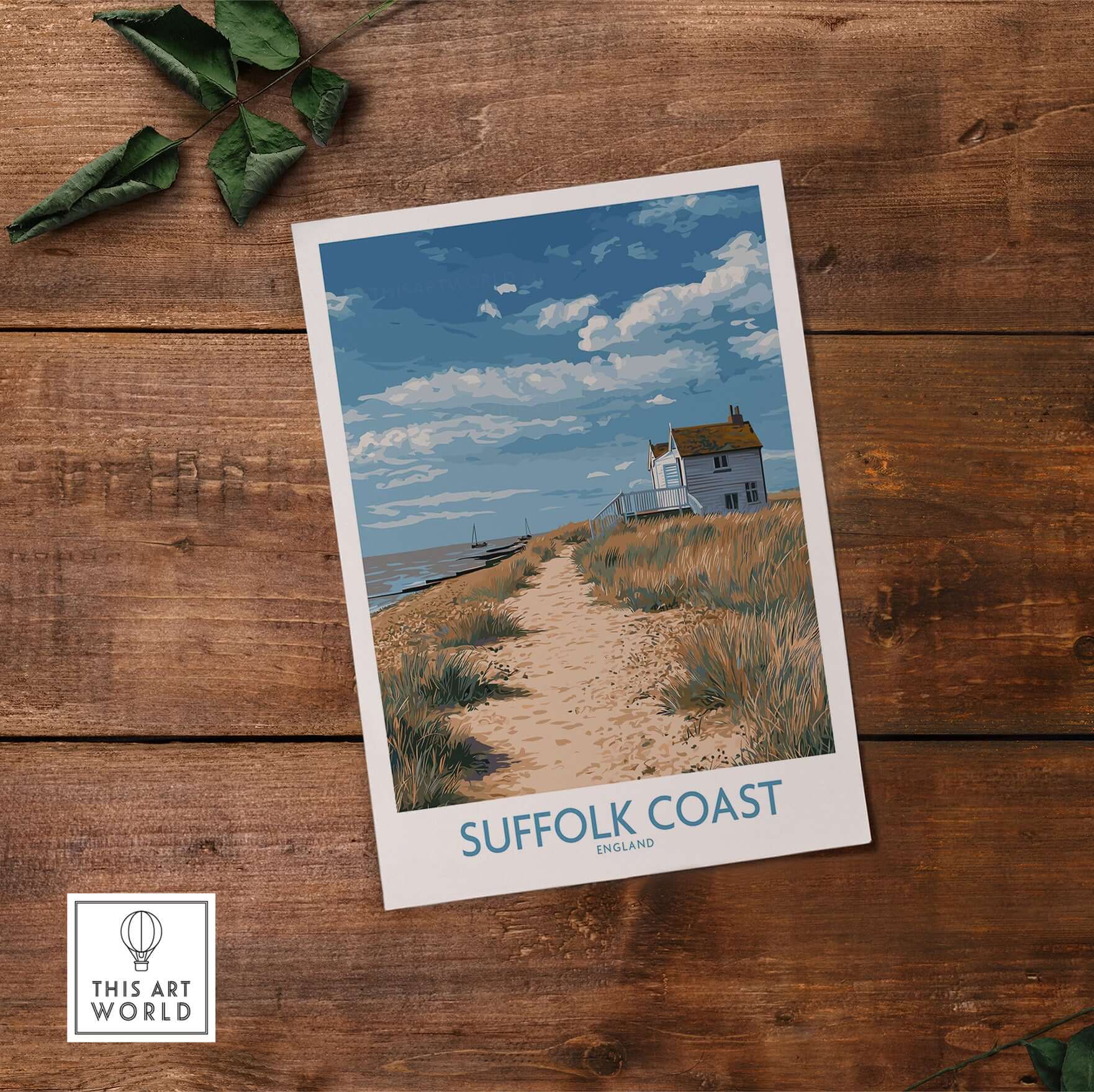 Suffolk Coast England English Shoreline Poster - Rural Landscape Travel Decor on wood backdrop.