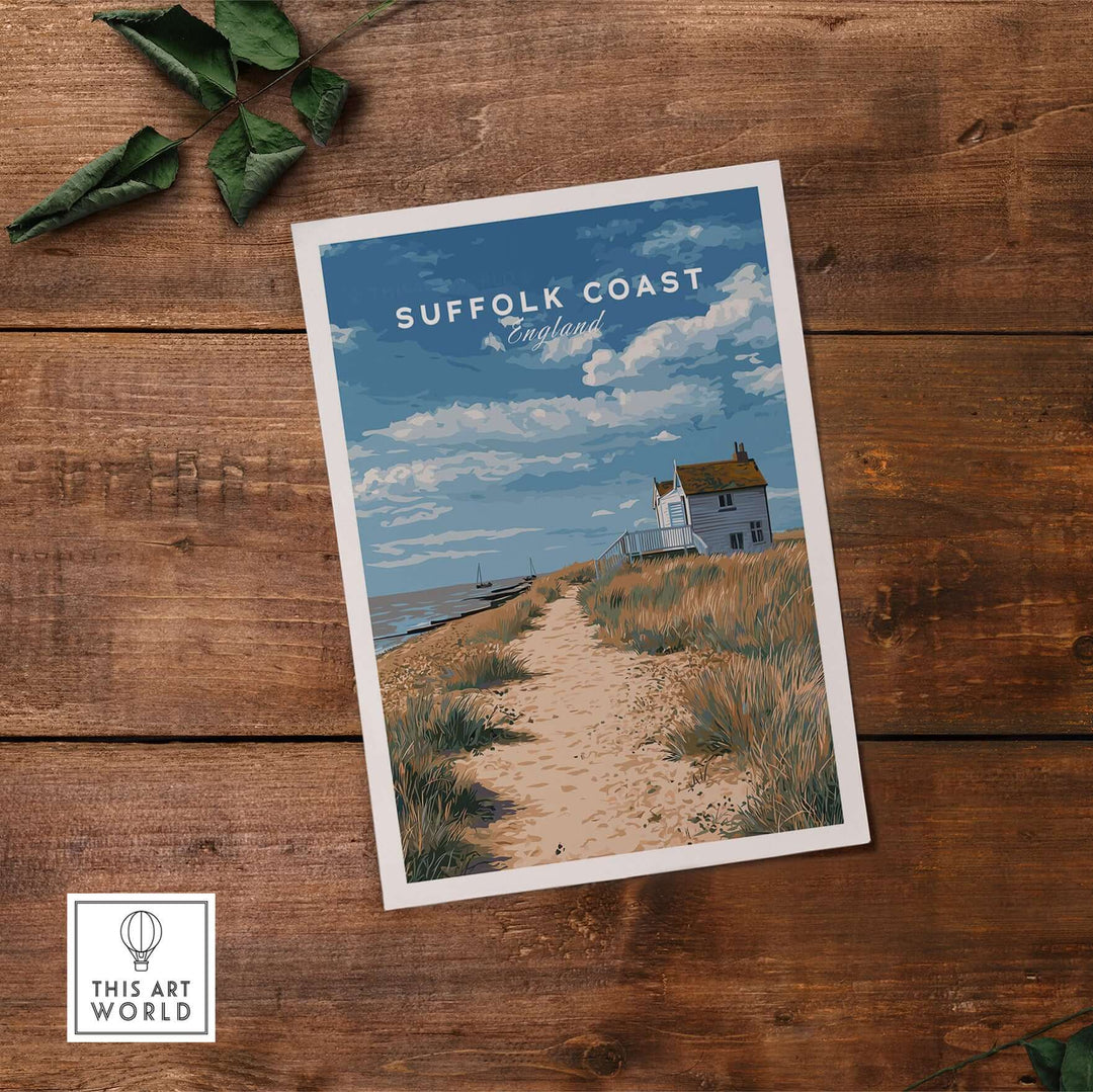 Suffolk Coast England beach house print featuring a coastal pathway and serene skies, perfect wall art for ocean lovers.