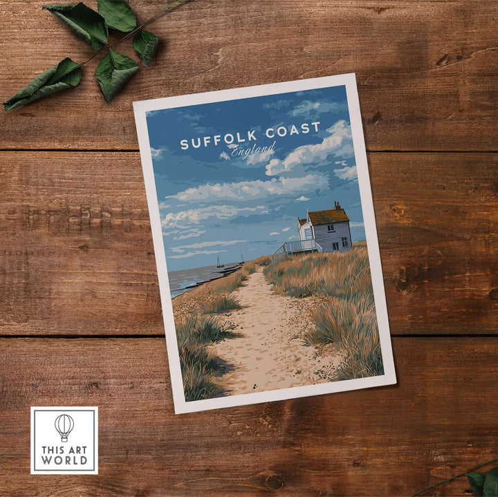 Suffolk Coast England beach house print featuring a coastal pathway and serene skies, perfect wall art for ocean lovers.