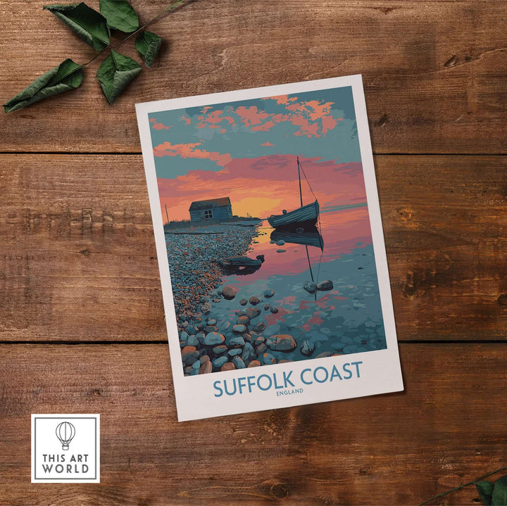 Suffolk Coast poster featuring tranquil evening seascape and boat on water, perfect for UK travel decor.