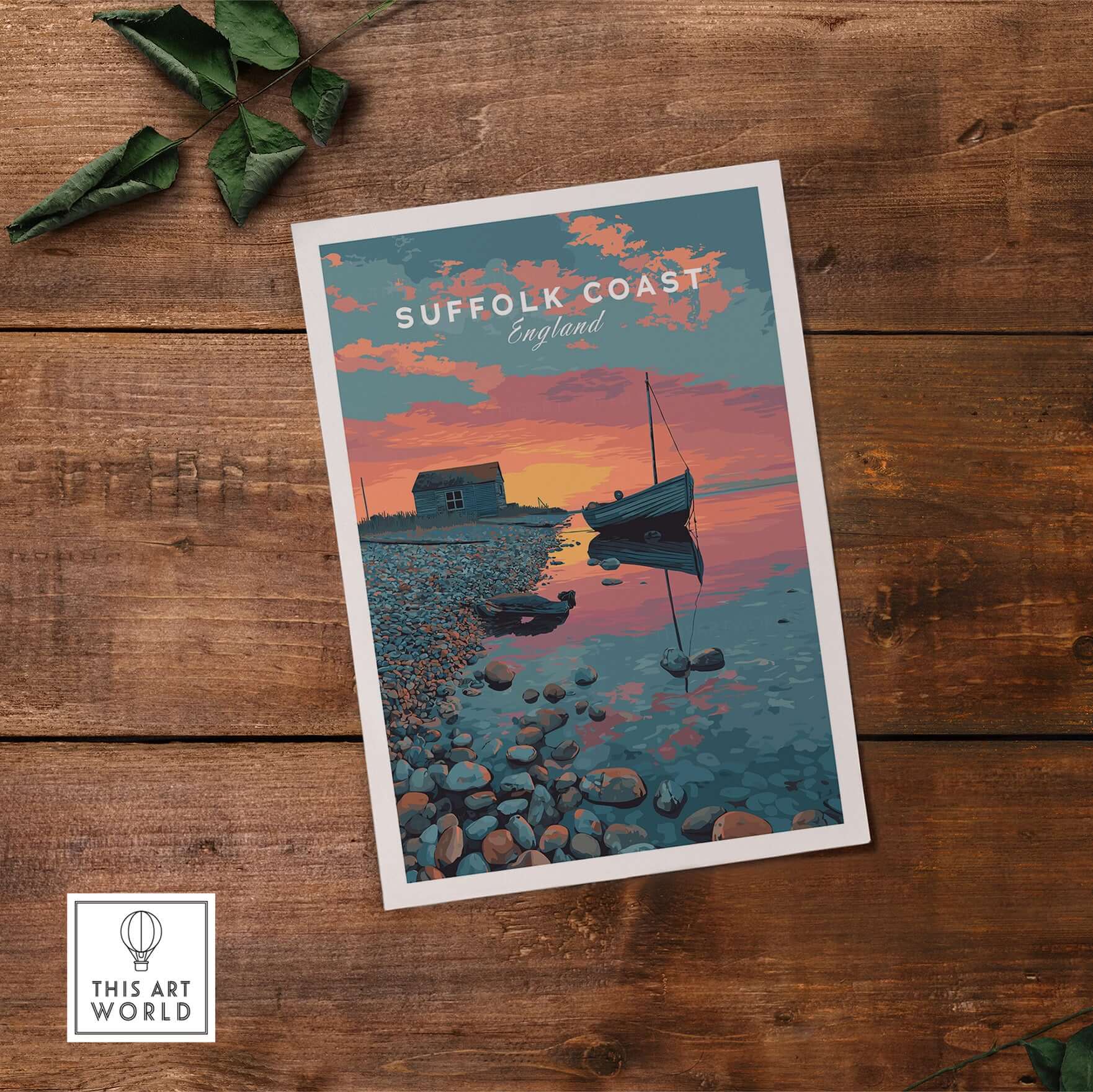 Suffolk Coast Print England Sunset Boat Pebble Beach - Coastal Hut Wall Art showcasing serene coastal scenery.