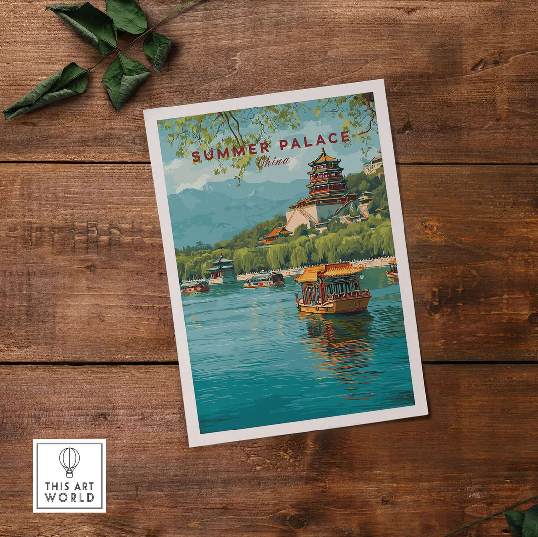 Summer Palace art print featuring boats on serene waters and traditional architecture in Beijing, perfect wall decor.