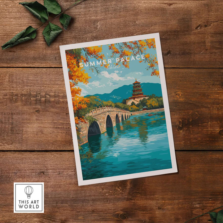 Vibrant print of the Summer Palace Seventeen-Arch Bridge in Beijing, showcasing imperial architecture and serene landscape.