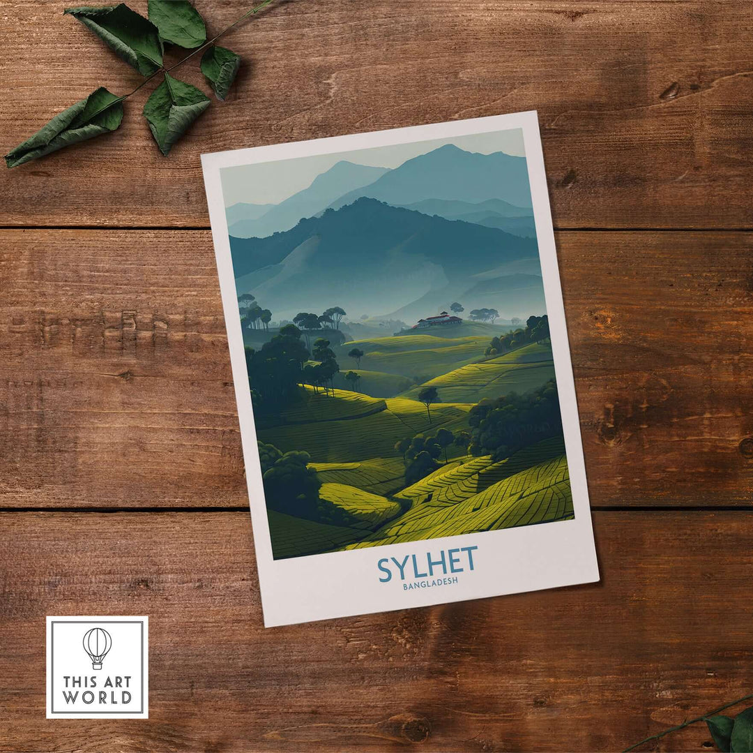 Sylhet Bangladesh poster featuring lush tea plantation fields and rolling hills in serene green hues.