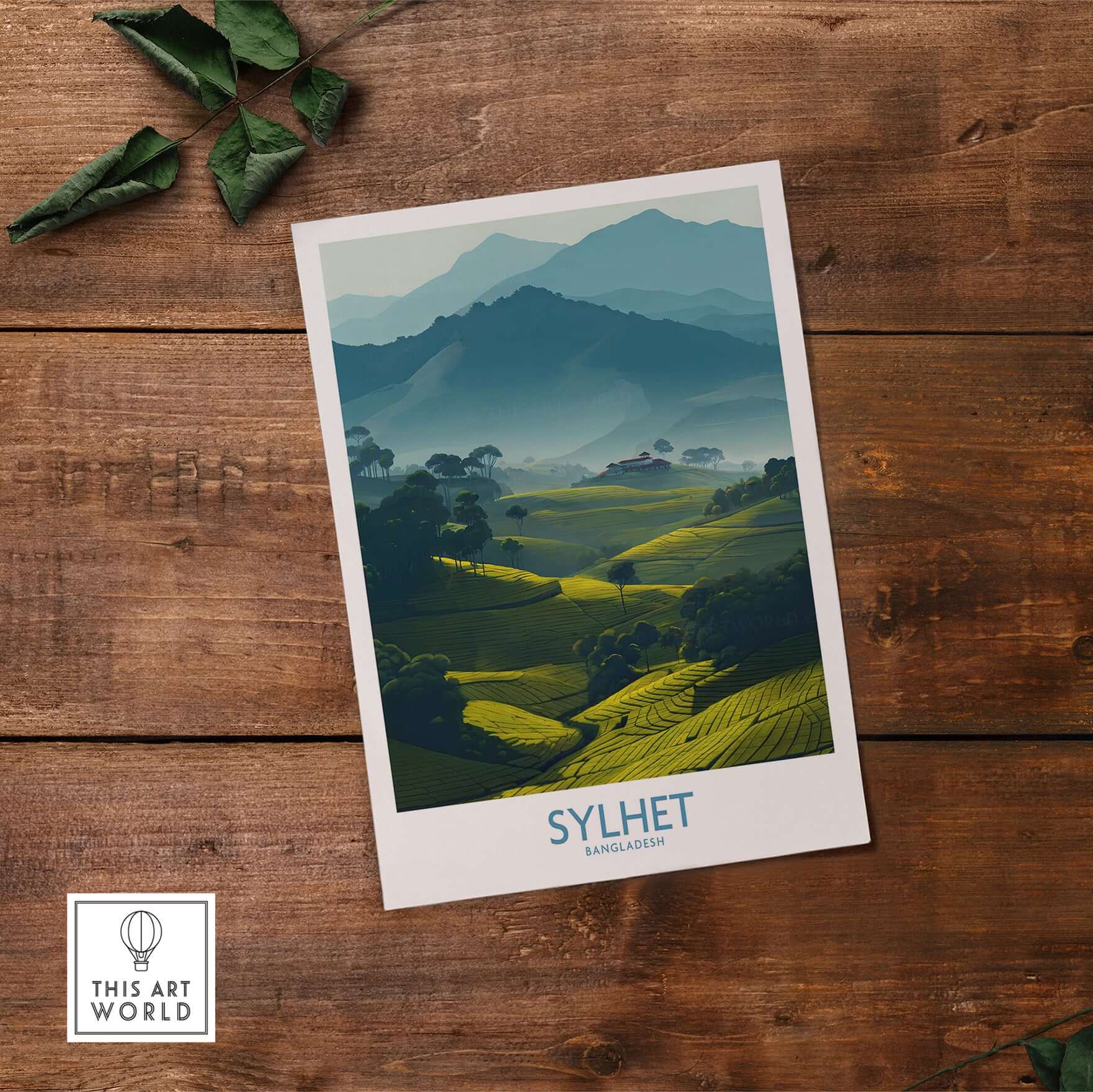 Sylhet Bangladesh Poster - Tea Plantation Fields Artwork showcasing lush hills and greenery of Sylhet region.