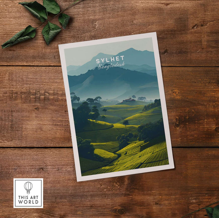 Sylhet Bangladesh poster with tea plantations and misty mountains, depicting serene nature and tranquility in wall art.