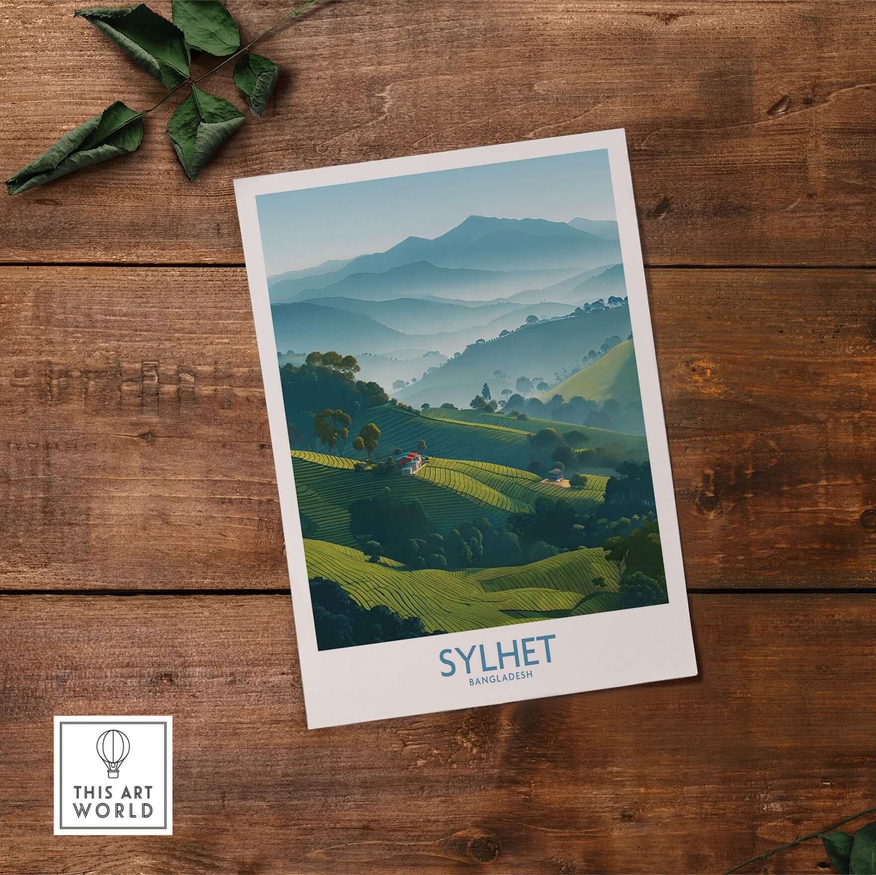 Sylhet Bangladesh Tea Plantation Wall Art - Bangladeshi Travel Decor showing lush green tea fields and mountains.