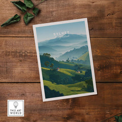Sylhet Bangladesh Tea Fields Print - Serene Hillside Landscape Poster with lush green hills and tea plantations.