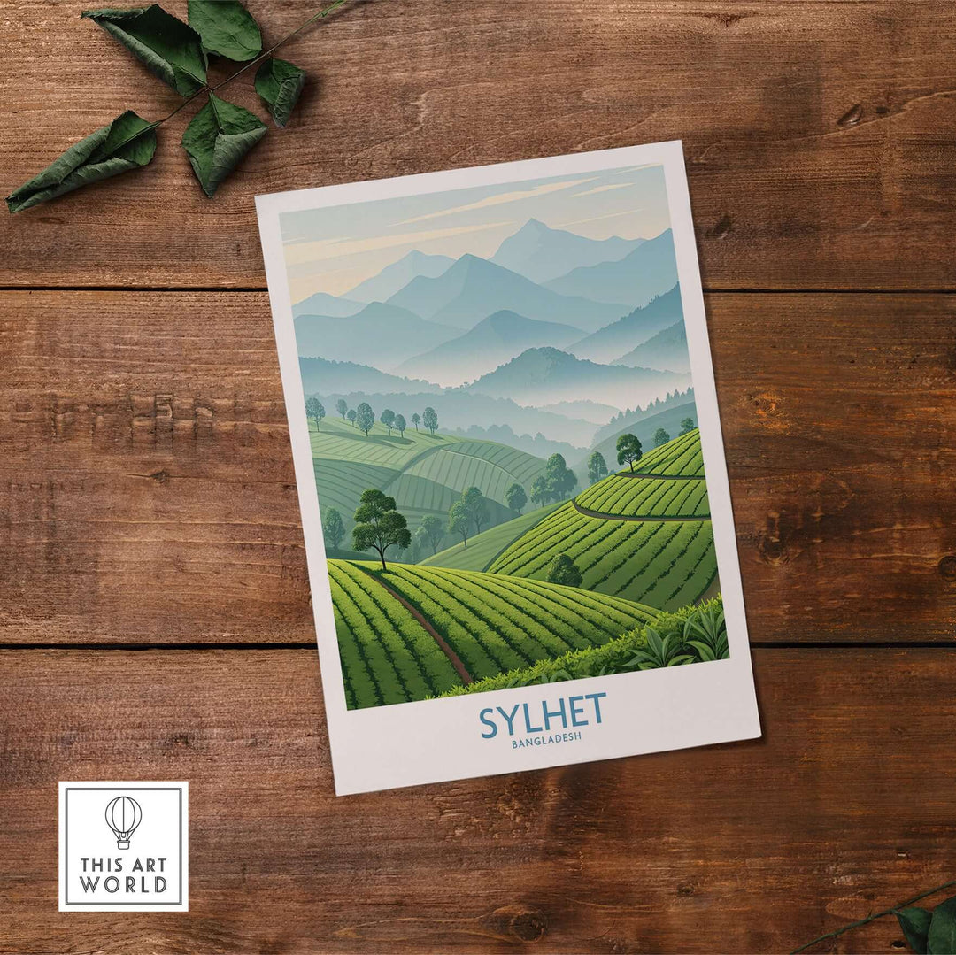 Scenic nature print of Sylhet, Bangladesh showcasing lush landscapes and serene mountains, perfect for home décor.