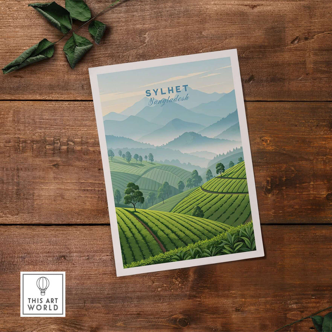 Sylhet wall art poster featuring lush green tea estates and mountains in Bangladesh, perfect for nature lovers.