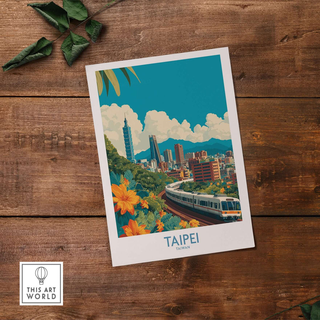 Taipei 101 poster featuring vibrant cityscape and train, modern travel print showcasing Taiwan's capital.