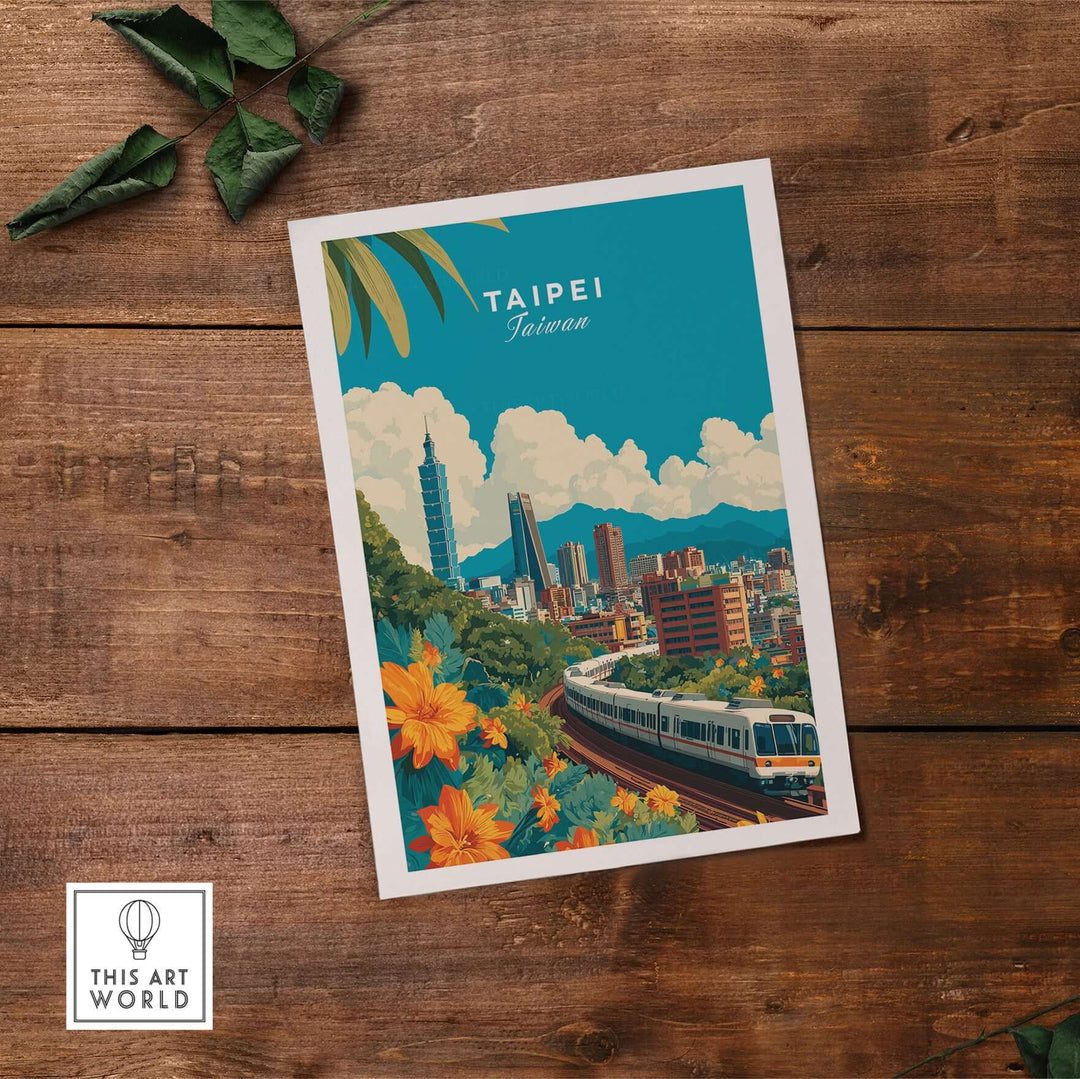 Taipei city skyline print featuring MRT train and vibrant flowers, perfect urban landscape wall art.