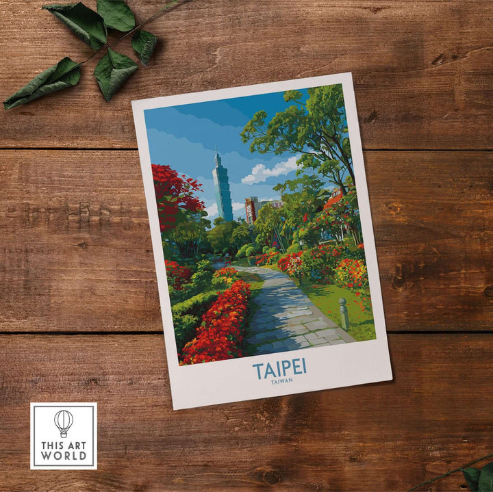 Taipei 101 Park view print surrounded by lush greenery, vibrant urban landscape art for home decor.