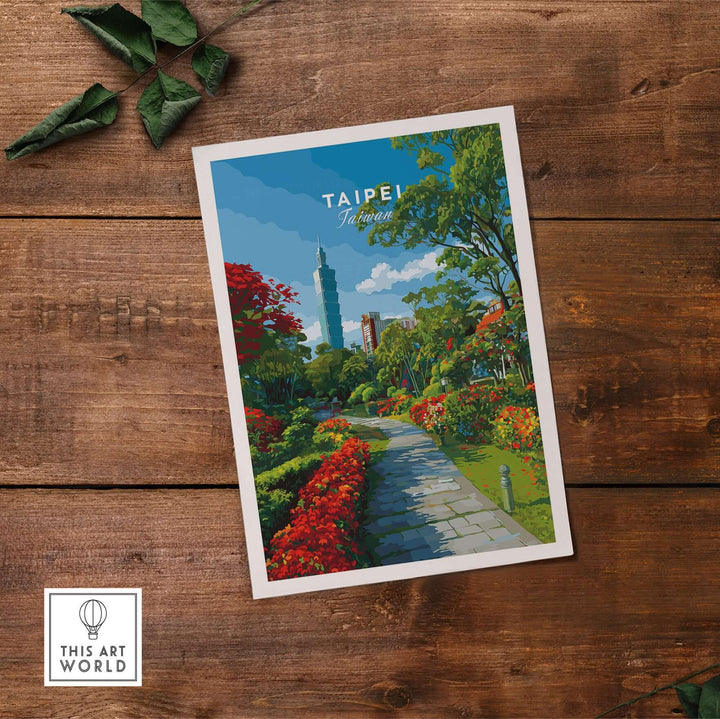 Taipei city park poster featuring colorful botanical garden pathway and skyline in serene design.