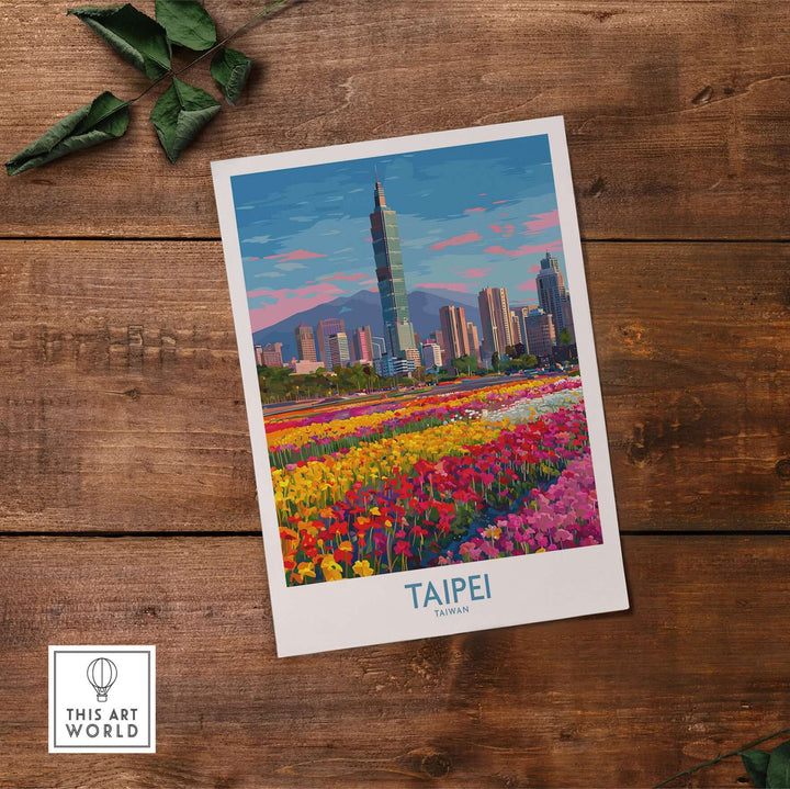 Taipei Taiwan poster featuring vibrant skyline and colorful flowers, capturing modern urban travel aesthetic.
