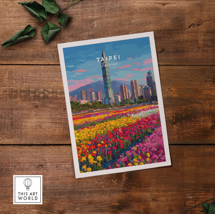 Colorful Taipei 101 skyline print surrounded by vibrant flowers, perfect for home or office decor.