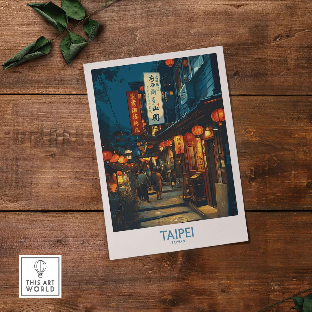Taipei Taiwan illuminated market poster showcasing vibrant city life and bustling night market scenes.