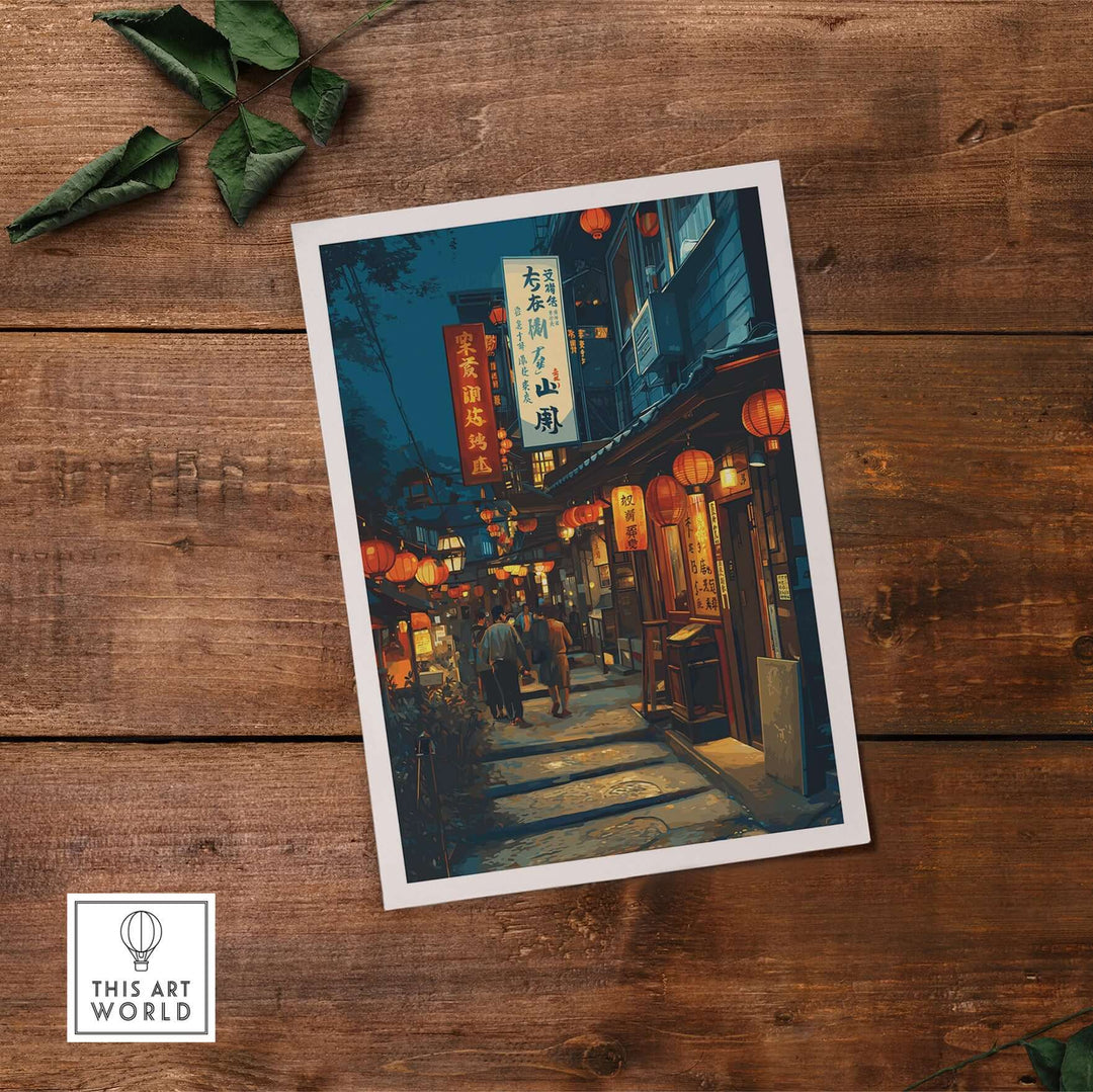 Night scene of Taipei's Lantern Alley, illuminated by traditional glowing lanterns, perfect wall art for cultural decor.