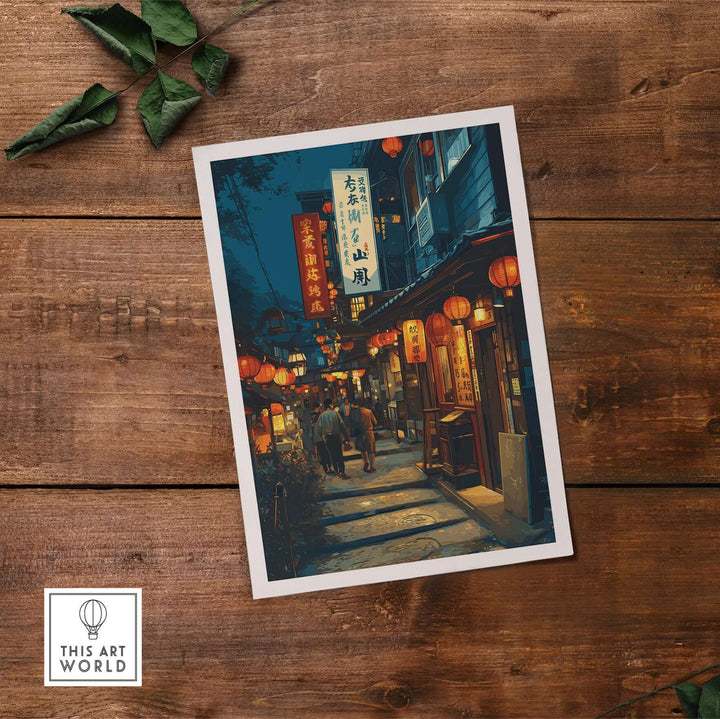 Night scene of Taipei's Lantern Alley, illuminated by traditional glowing lanterns, perfect wall art for cultural decor.