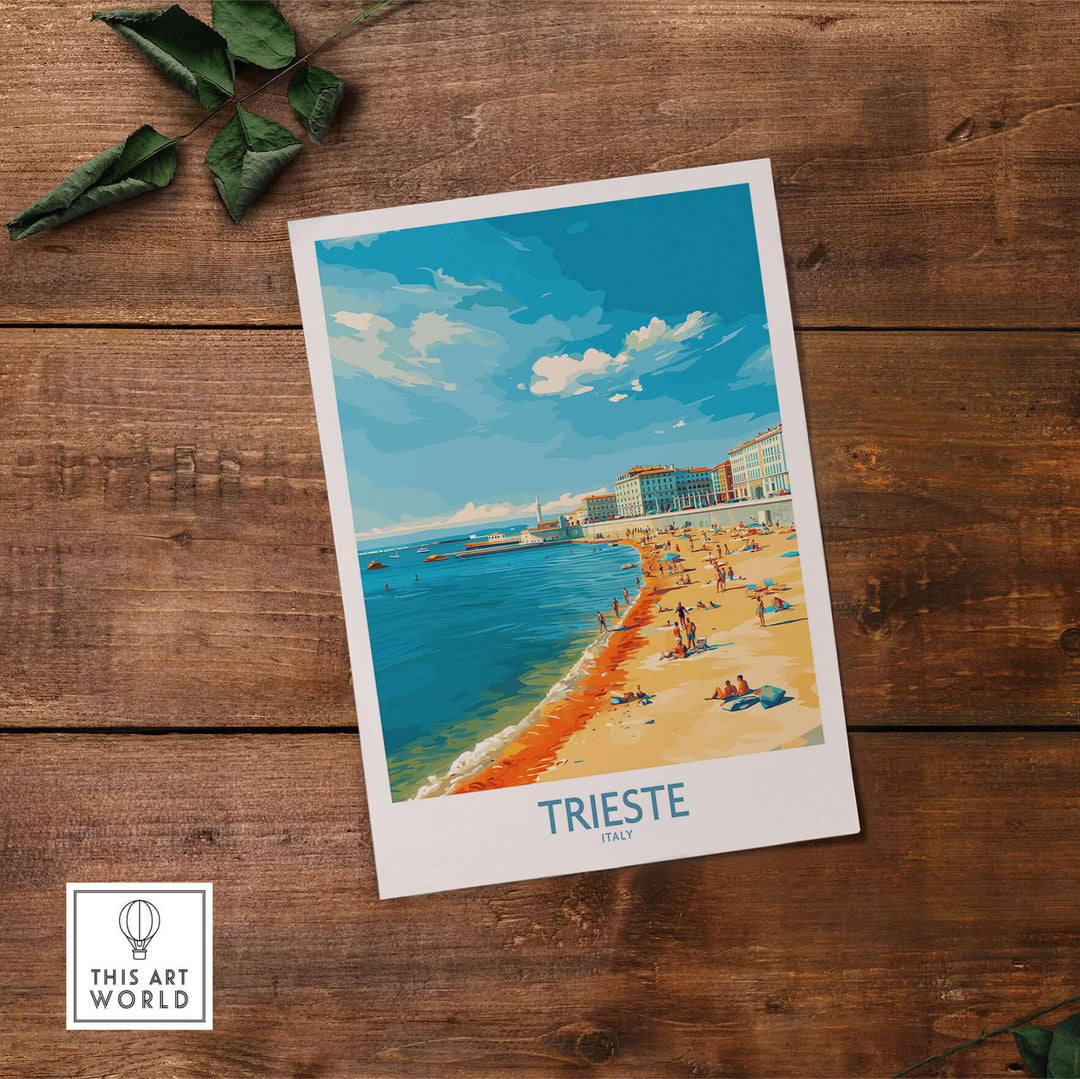 Trieste Italy poster showcasing stunning coastal scenery and vibrant beach life, perfect for travel lovers.