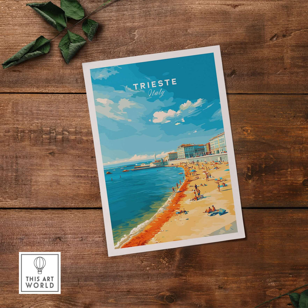Trieste Italy print showcasing a serene Adriatic coast beach scene with people enjoying the sun and sea.