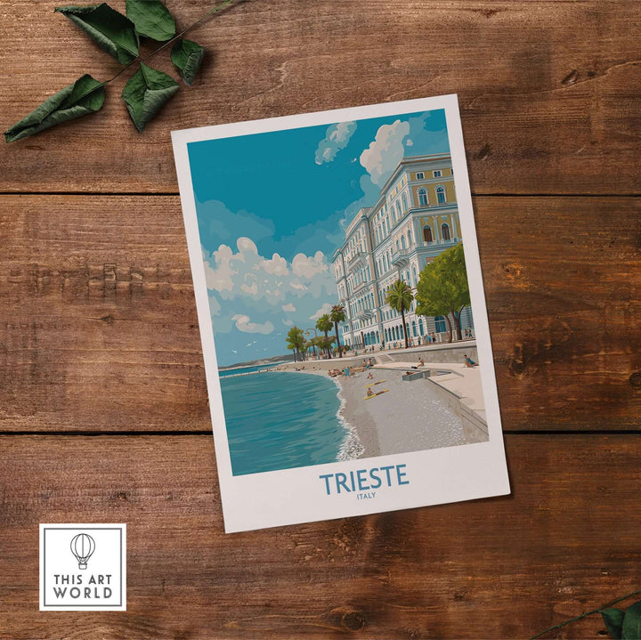 Trieste print poster featuring seafront views, vibrant colors, and coastal charm of Italy.